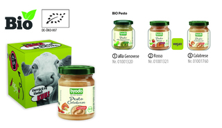 BIO Pesto im Werbekarton, Inhalt: Bio Pesto Rosso, vegan