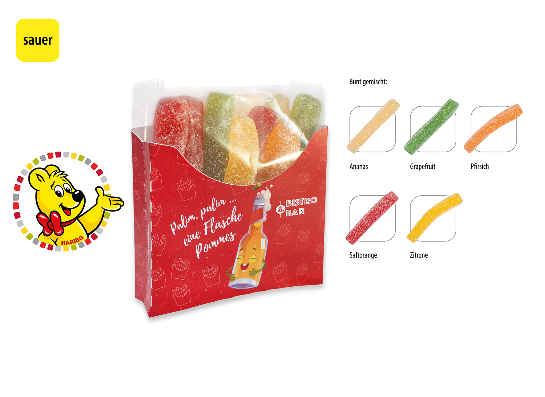 HARIBO Saure Pommes Tüte in Werbebox, Inhalt: HARIBO Saure Pommes ca. 50 g