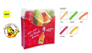 HARIBO Saure Pommes Tüte in Werbebox, Inhalt: HARIBO Saure Pommes ca. 50 g