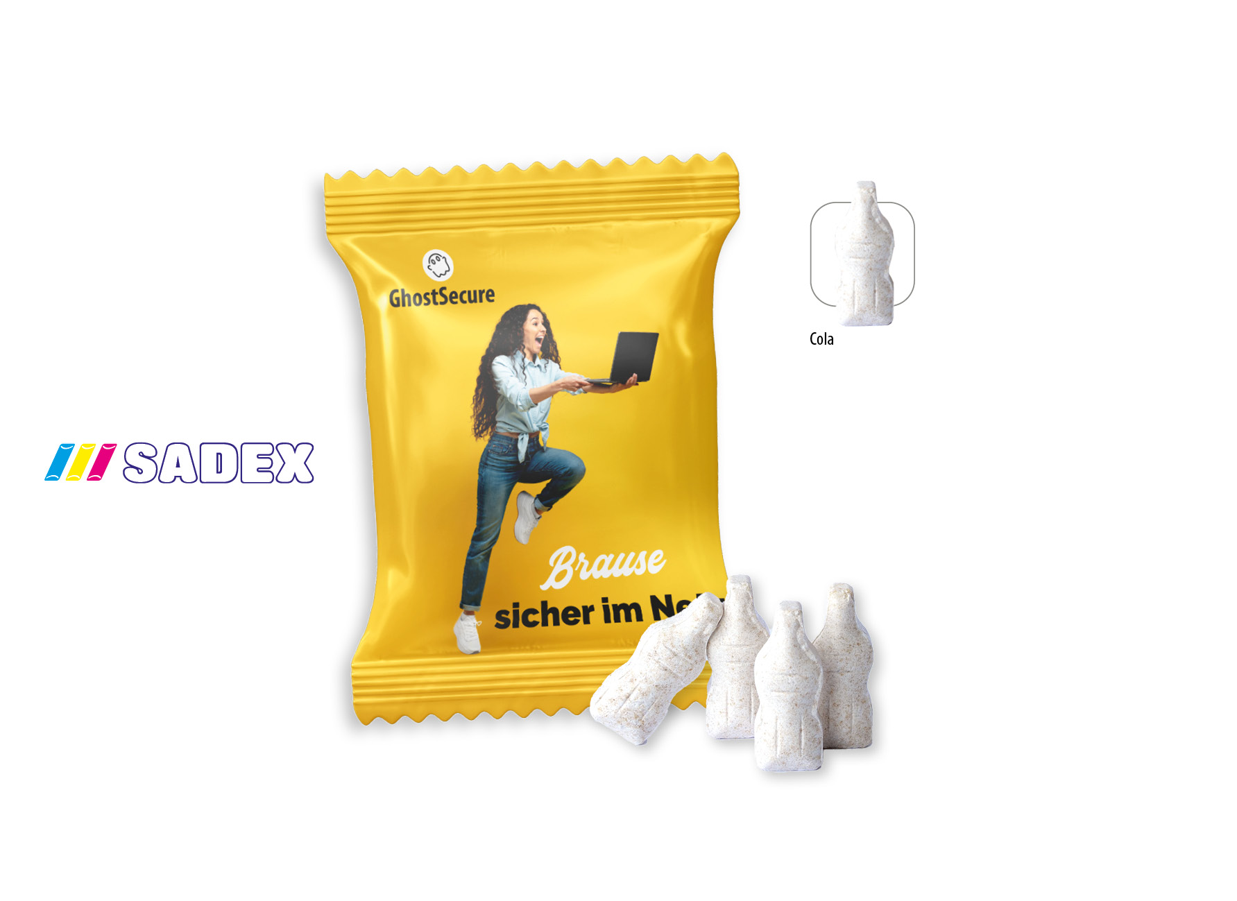 SADEX Brause Fläschchen Werbetüte, Inhalt: SADEX Brause Fläschchen Cola ca. 10 g