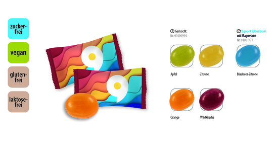 Bonbon zuckerfrei vegan Flowpack, Inhalt: Sport Bonbon mit Magnesium