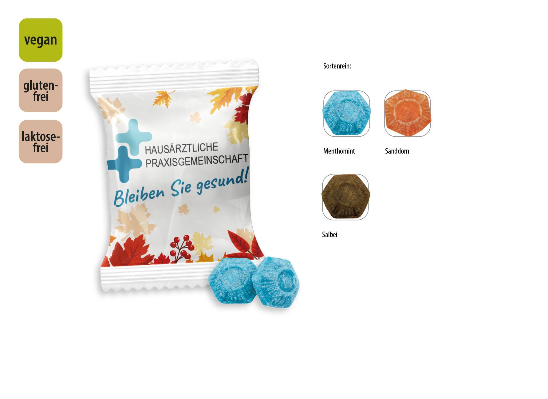 Hustenbonbon Duopack Werbetüte, Inhalt: Hustenbonbon Sanddorn