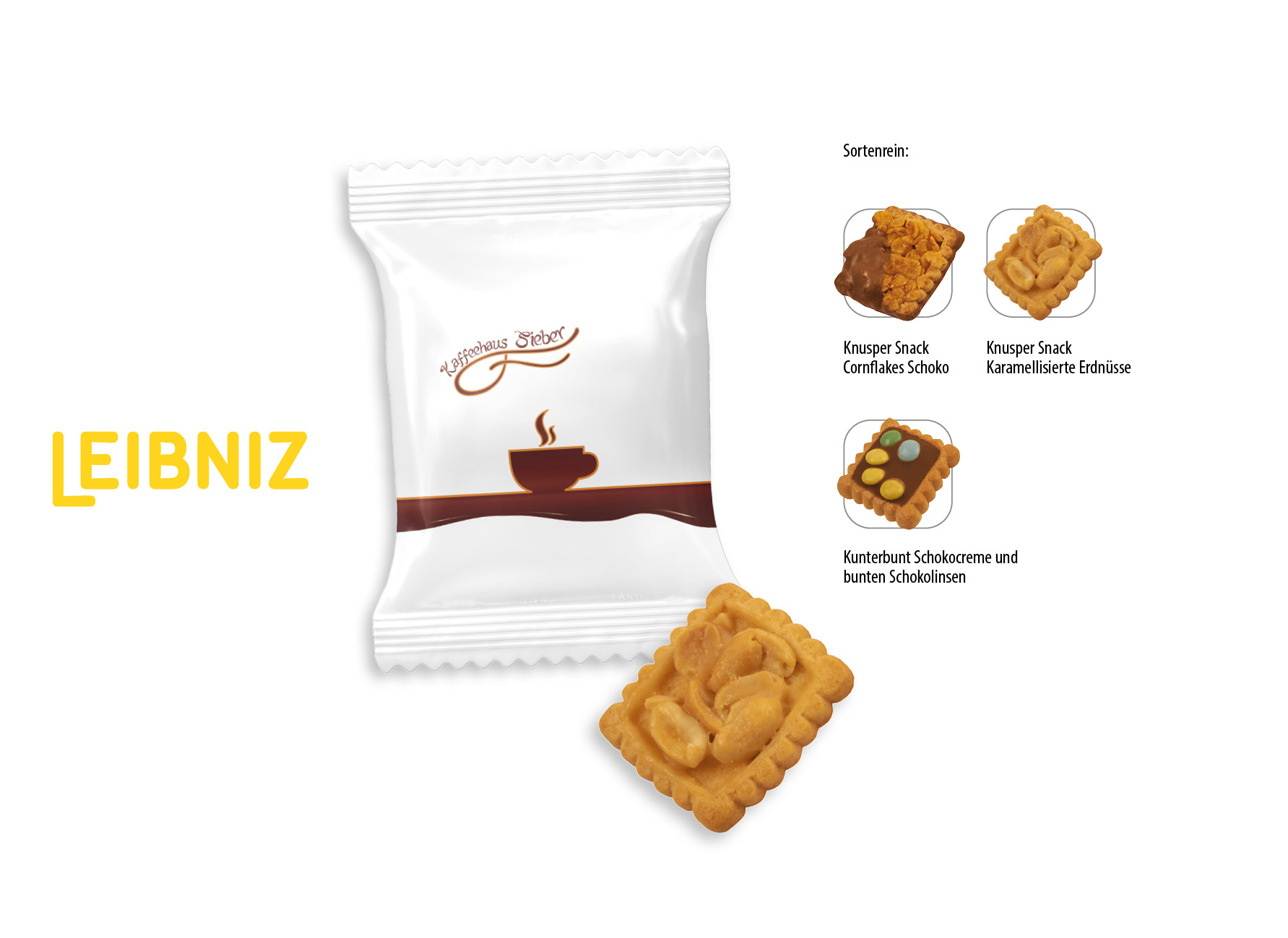 Leibniz Kekse Knusper Snack & Kunterbunt Flowpack, Inhalt: Leibniz Knusper Snack mit karamellisierten Erdnüssen