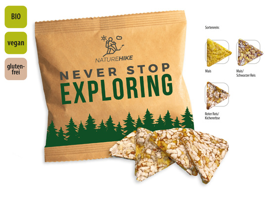 BIO Knusperecken Werbetüte, Inhalt: BIO Knusperecken Mais-schwarzer Reis ca. 12 g