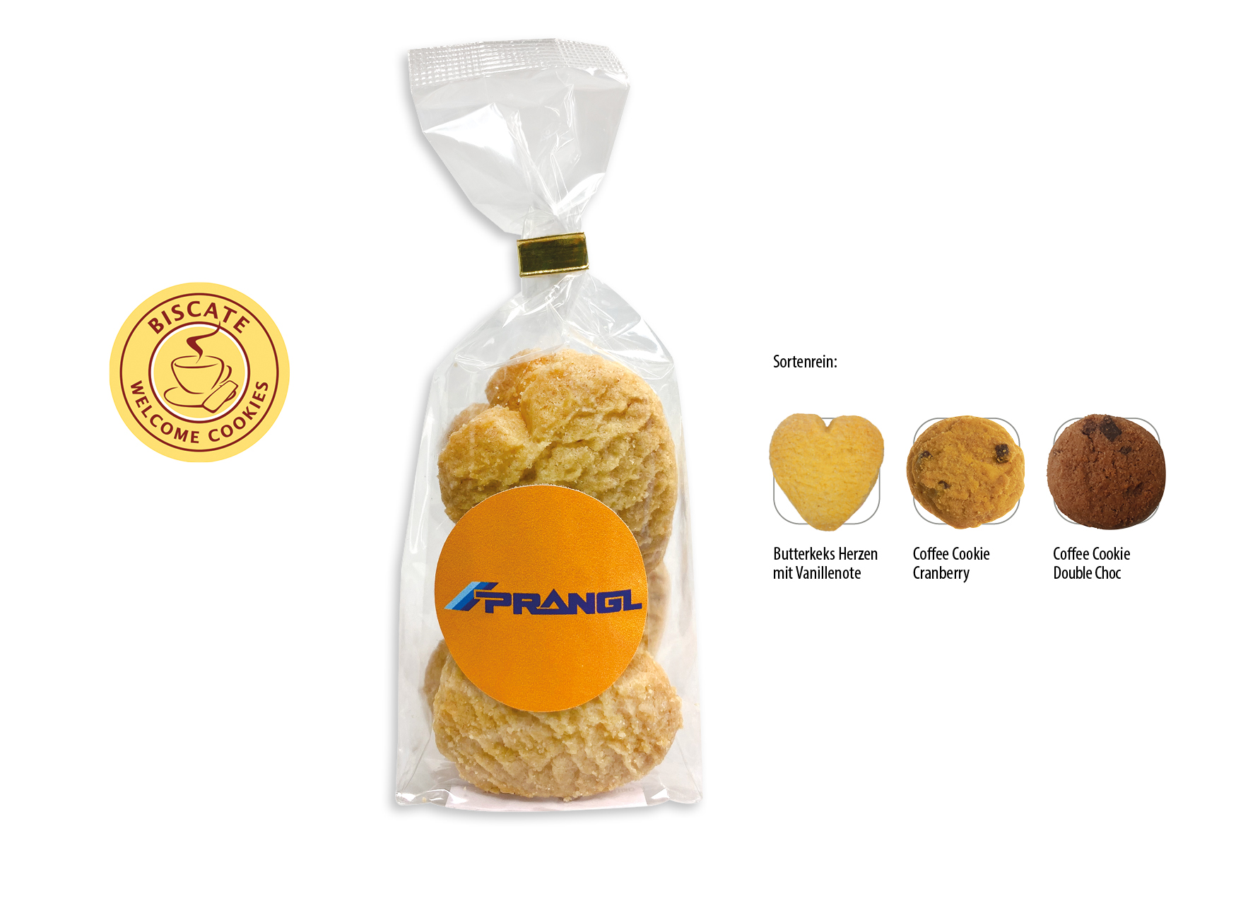 Cookies Bodenstandbeutel mit Werbeaufkleber, Inhalt: Butterkeks Herzen