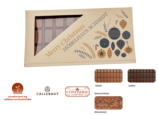 Schokolade 100 g Tafel im Karton, Inhalt: Callebaut Vollmilch Schokolade Kalender ca. 100 g