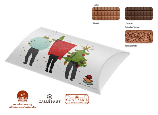 Schokolade 100 g Tafel in Kissenschachtel, Inhalt: Callebaut Vollmilch Schokolade Kalender ca. 100 g