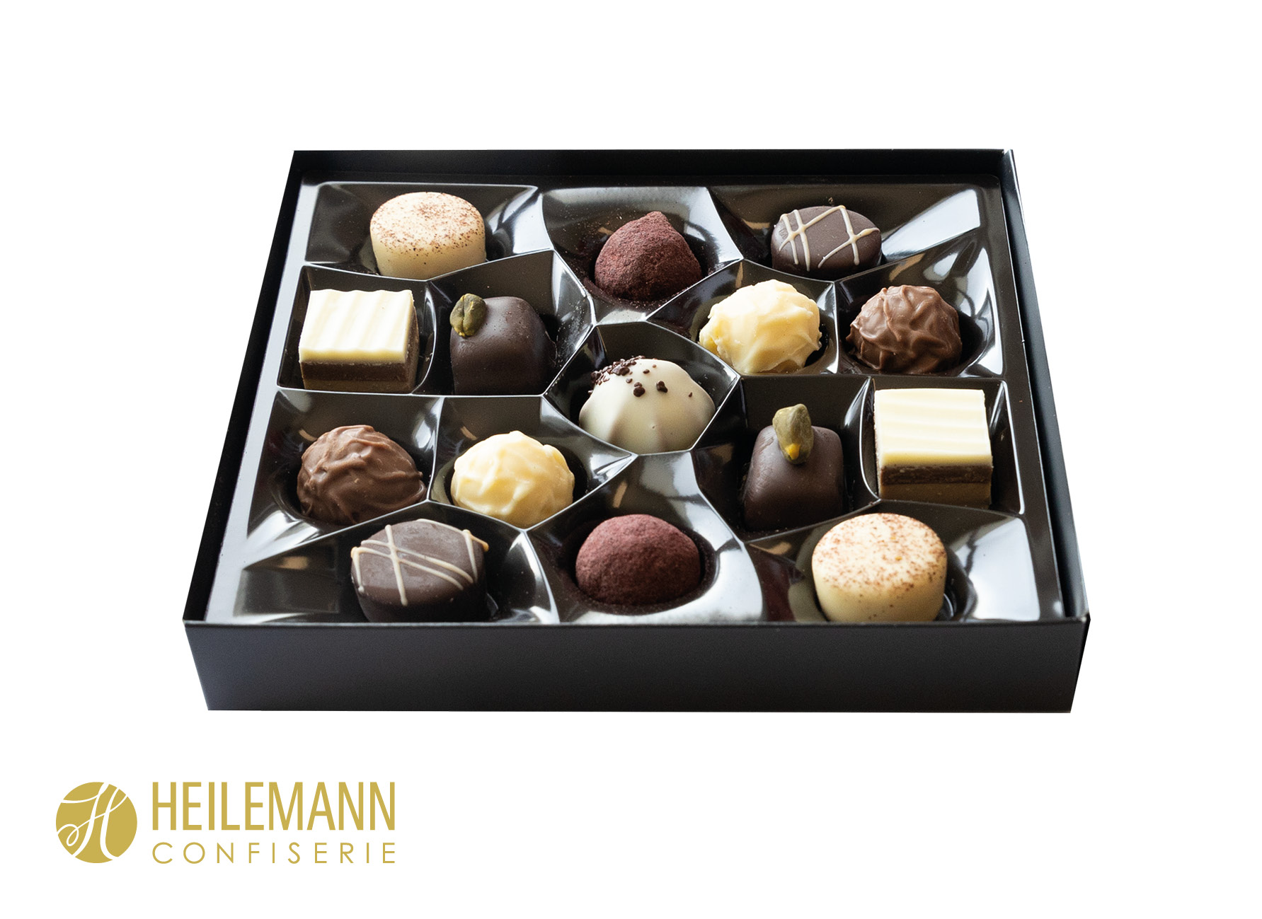 Heilemann Mini Pralinés im Schuber, Inhalt: Heilemann Mini Pralinés ca. 91 g schwarz/weiß