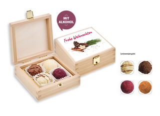 4er Pralinen-/Trüffelmix in Holzbox, Inhalt: Pralinen/Trüffel mit Alkohol