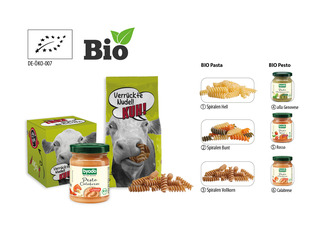 BIO Pasta im Bodenstandbeutel, Inhalt: Bio Spiralen Bunt 14251 ca. 200 g