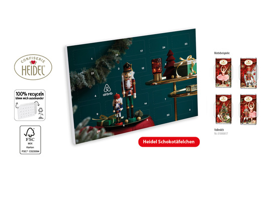 Tisch Adventskalender HEIDEL Schokotäfelchen individuell bedruckt, Inhalt: Heidel Schokoladentäfelchen ca. 72 g