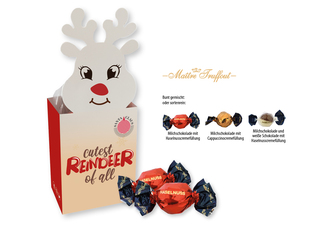 Weihnachtspralinés in Motivkartonage "Rentier", Inhalt: Pralinen Milchschokolade mit Haselnusscremefüllung ca. 75 g