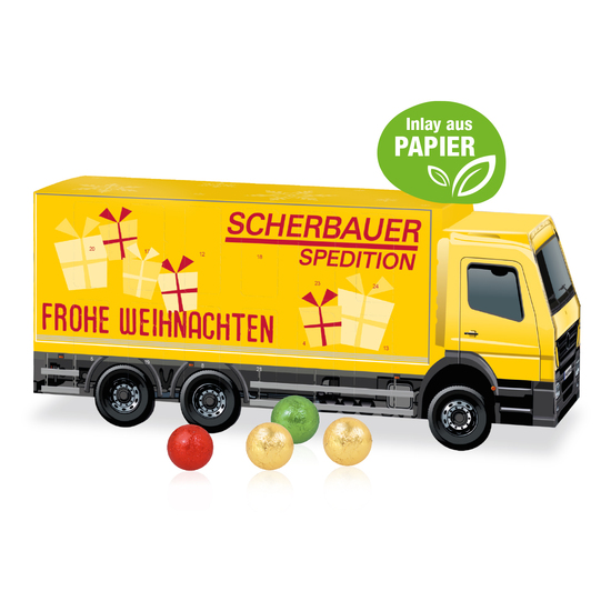 3D Adventskalender "LKW" mit Fairtrade® Schokolade mit Papier-Inlay