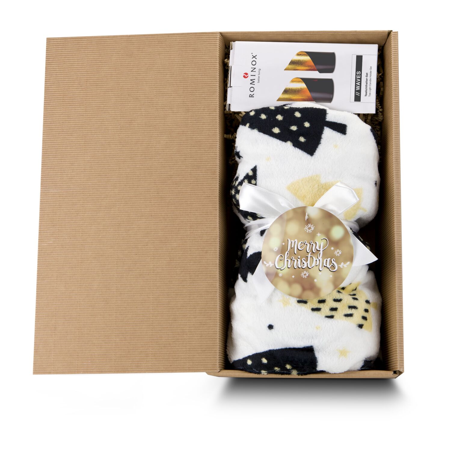 Gemütliches Geschenkset mit Kuscheldecke „Merry Christmas” (120x150cm, 190 g/m²) und 2 Kerzenhaltern