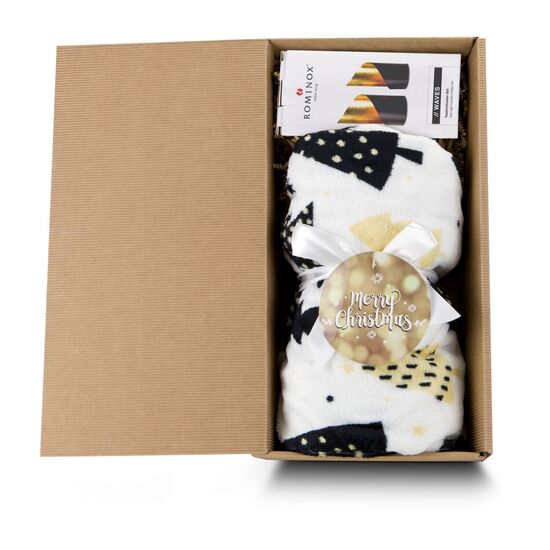 Gemütliches Geschenkset mit Kuscheldecke „Merry Christmas” (120x150cm, 190 g/m²) und 2 Kerzenhaltern