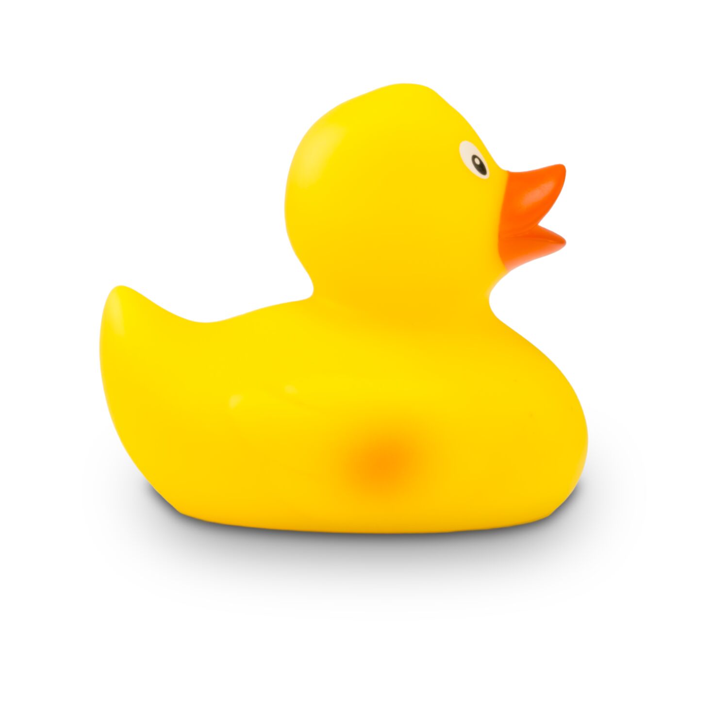 gelbe Rennente Ralf Mini mit gelben Körper und orangenem Schnabel für Entenrennen. Größe: ca. 6 cm. Inklusive Schwimmgewicht