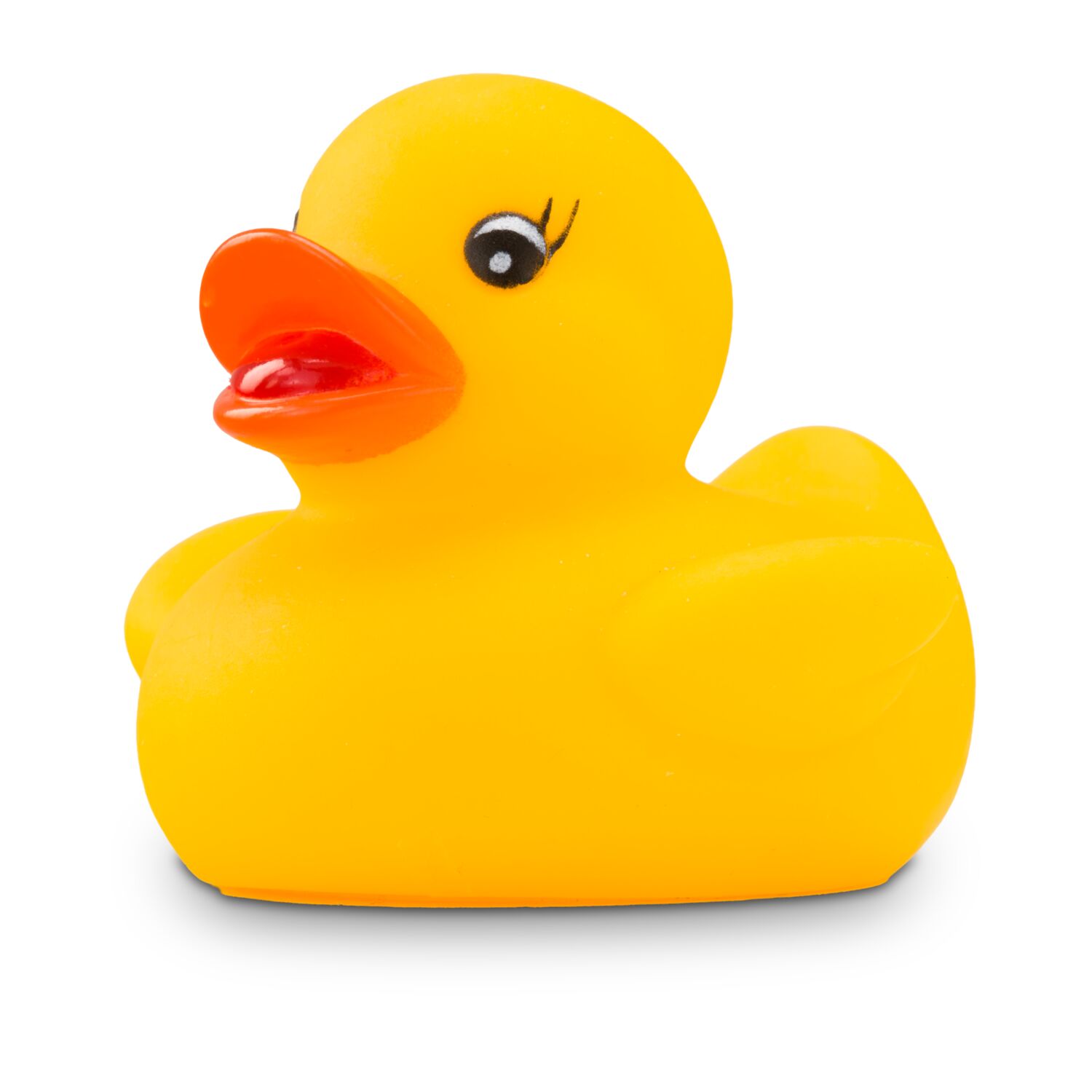 gelbe Badeente Mandy Mini mit orangenem Schnabel und Wimpern. Größe: ca. 6 cm. Inklusive Quietschventil