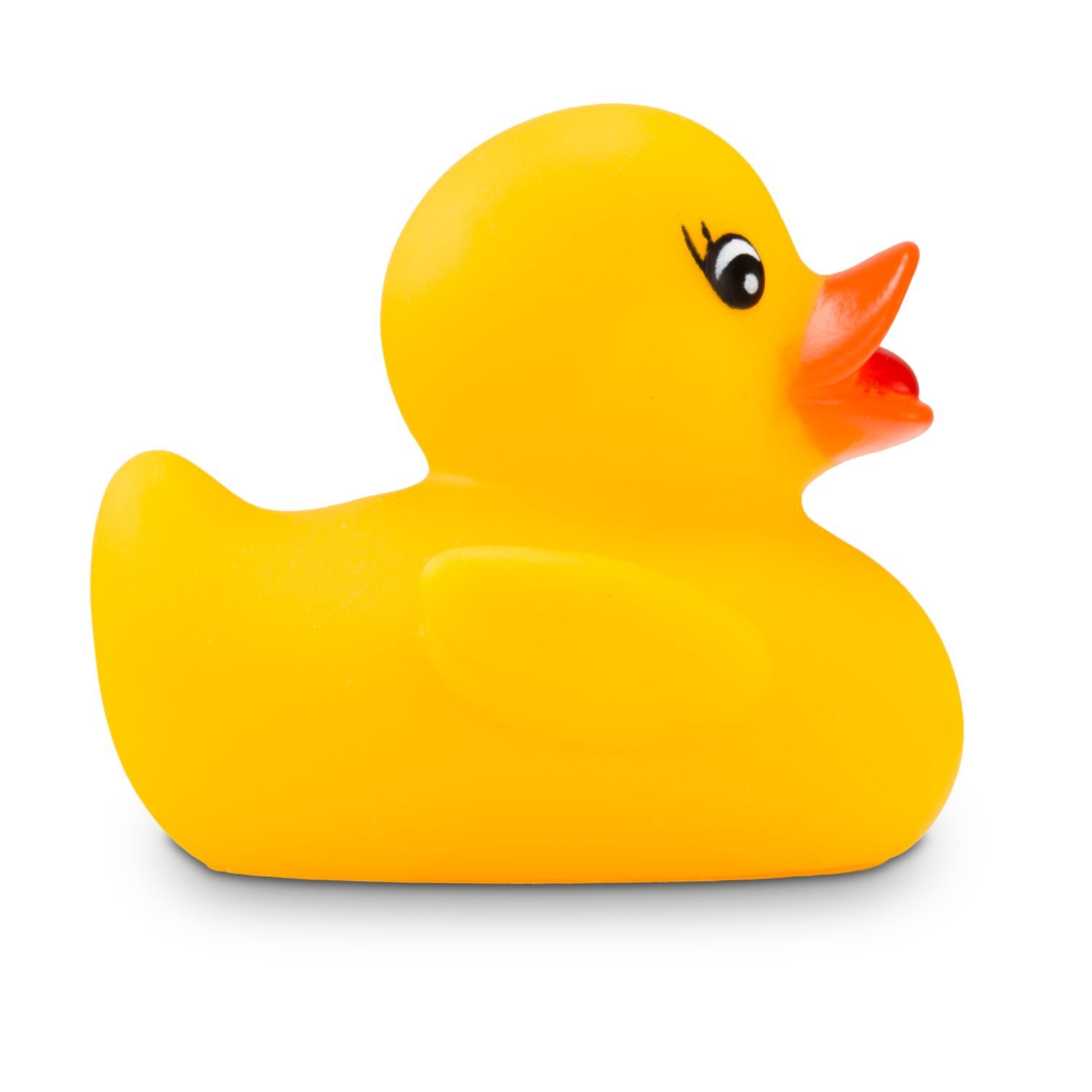 gelbe Badeente Mandy Mini mit orangenem Schnabel und Wimpern. Größe: ca. 6 cm. Inklusive Quietschventil