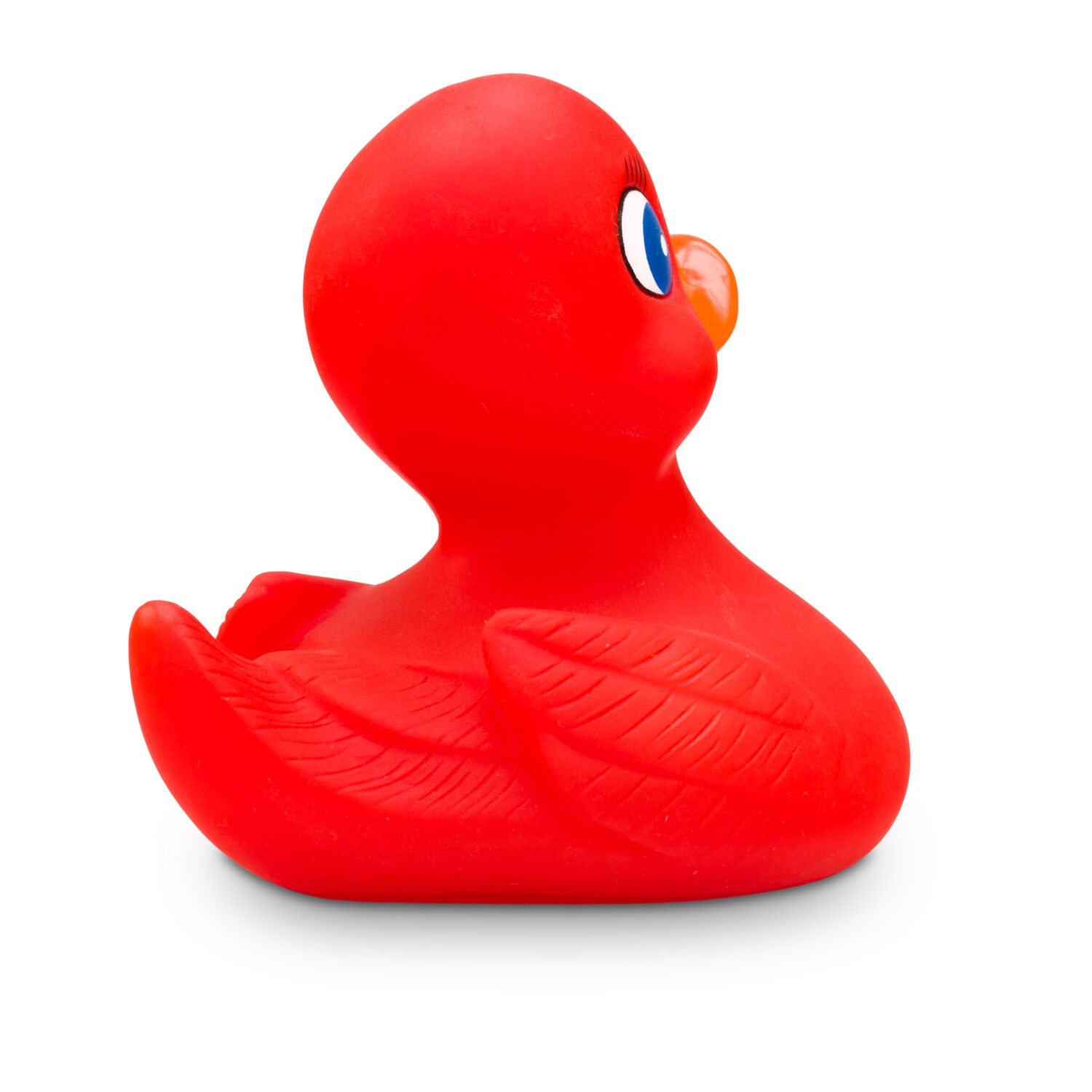 rote Badeente Ruby mit orangenem Schnabel, Wimpern und blauen Augen. Größe: ca. 10 cm. Inklusive Quietschventil