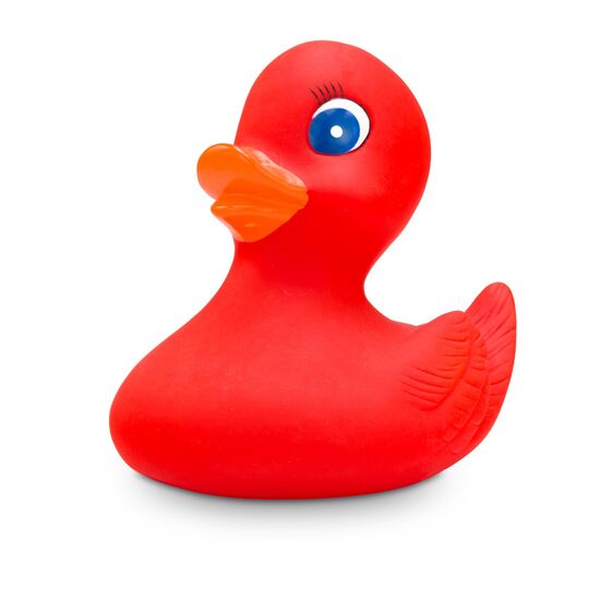rote Badeente Ruby mit orangenem Schnabel, Wimpern und blauen Augen. Größe: ca. 10 cm. Inklusive Quietschventil