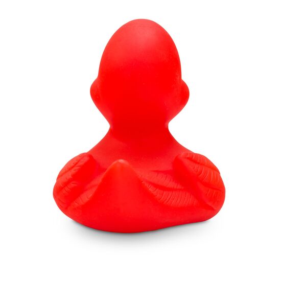 rote Badeente Ruby mit orangenem Schnabel, Wimpern und blauen Augen. Größe: ca. 10 cm. Inklusive Quietschventil