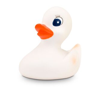 weiße Badeente Wendy mit orangenem Schnabel, Wimpern und blauen Augen. Größe: ca. 10 cm. Inklusive Quietschventil