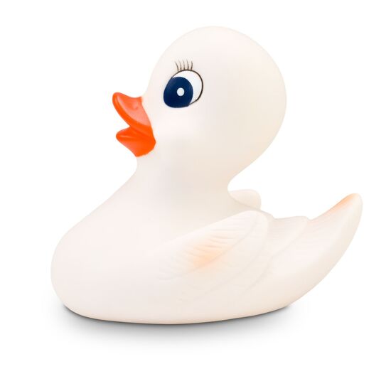 weiße Badeente Wendy mit orangenem Schnabel, Wimpern und blauen Augen. Größe: ca. 10 cm. Inklusive Quietschventil