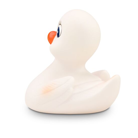 weiße Badeente Wendy mit orangenem Schnabel, Wimpern und blauen Augen. Größe: ca. 10 cm. Inklusive Quietschventil