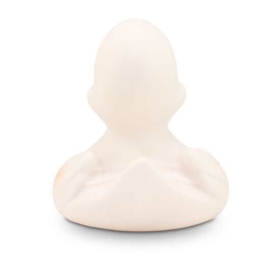 weiße Badeente Wendy mit orangenem Schnabel, Wimpern und blauen Augen. Größe: ca. 10 cm. Inklusive Quietschventil