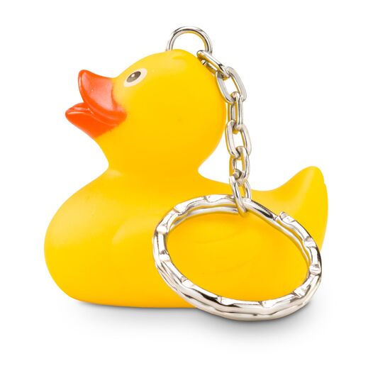 gelbe Badeente XS-Emma mit orangenem Schnabel, Größe: ca. 5 cm. Inklusive Quietschventil und Schlüsselanhänger