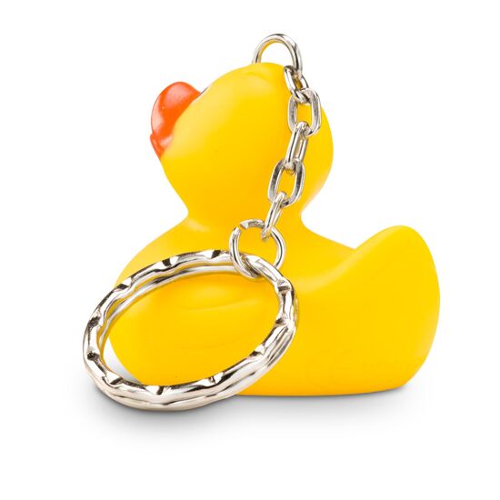 gelbe Badeente XS-Emma mit orangenem Schnabel, Größe: ca. 5 cm. Inklusive Quietschventil und Schlüsselanhänger