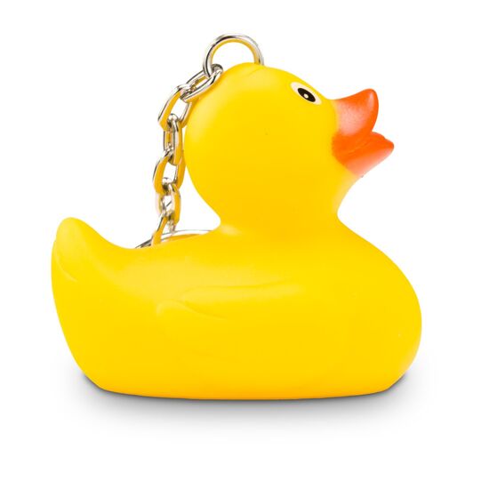 gelbe Badeente XS-Emma mit orangenem Schnabel, Größe: ca. 5 cm. Inklusive Quietschventil und Schlüsselanhänger