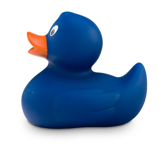 blaue Badeente Boris im Kleinformat mit orangenem Schnabel. Größe: ca. 6 cm. Inklusive Quietschventil