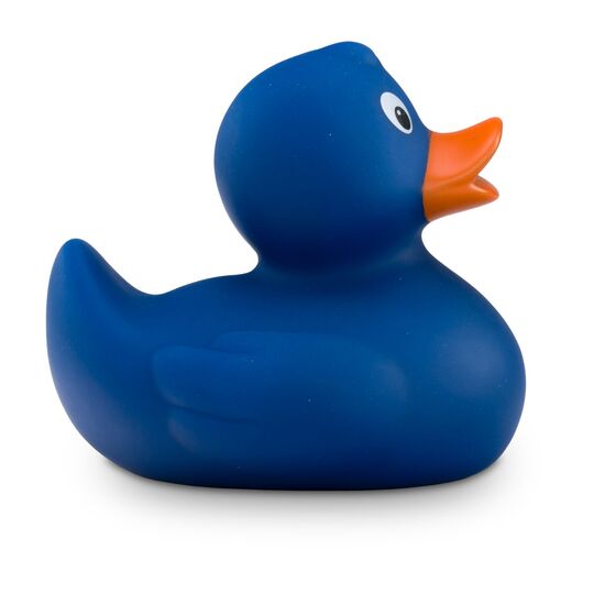 blaue Badeente Boris im Kleinformat mit orangenem Schnabel. Größe: ca. 6 cm. Inklusive Quietschventil
