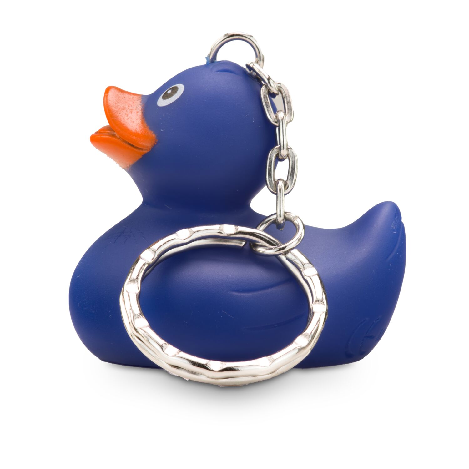 blaue Badeente Boris XSmit orangenem Schnabel im Mini-Format. Größe: ca. 5 cm, inklusive Quietschventil und Schlüsselanhänger