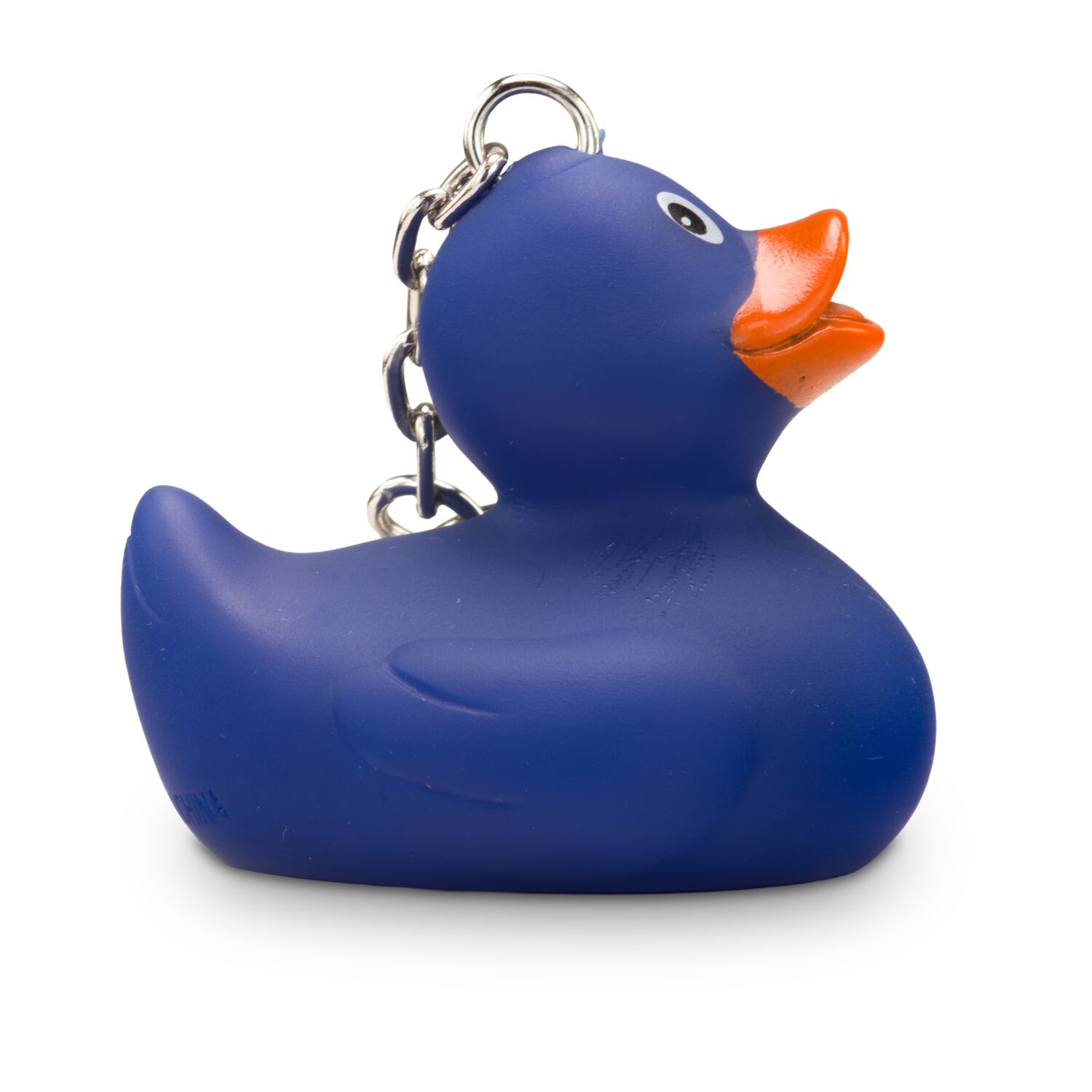 blaue Badeente Boris XSmit orangenem Schnabel im Mini-Format. Größe: ca. 5 cm, inklusive Quietschventil und Schlüsselanhänger
