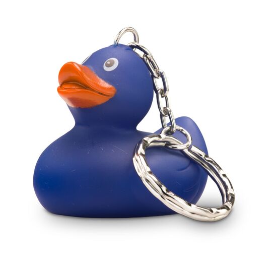 blaue Badeente Boris XSmit orangenem Schnabel im Mini-Format. Größe: ca. 5 cm, inklusive Quietschventil und Schlüsselanhänger
