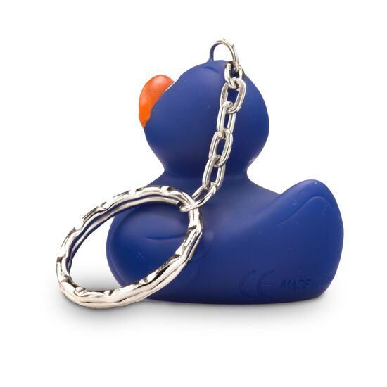 blaue Badeente Boris XSmit orangenem Schnabel im Mini-Format. Größe: ca. 5 cm, inklusive Quietschventil und Schlüsselanhänger