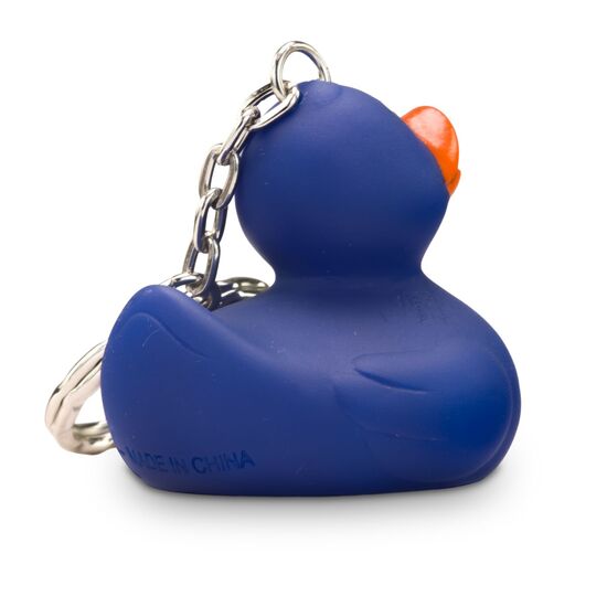 blaue Badeente Boris XSmit orangenem Schnabel im Mini-Format. Größe: ca. 5 cm, inklusive Quietschventil und Schlüsselanhänger