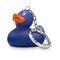 blaue Badeente Boris XSmit orangenem Schnabel im Mini-Format. Größe: ca. 5 cm, inklusive Quietschventil und Schlüsselanhänger