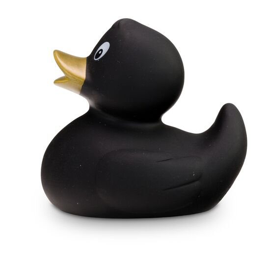 schwarze Badeente Greta Goldschnabel mit goldenem Schnabel, Größe: ca. 8 cm. Inklusive Quietschventil