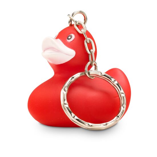 rote Badeente Renate XS mit weißem Schnabel, Größe: ca. 5 cm. Inklusive Quietschventil und Schlüsselanhänger