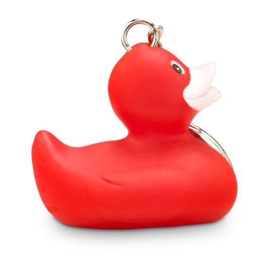 rote Badeente Renate XS mit weißem Schnabel, Größe: ca. 5 cm. Inklusive Quietschventil und Schlüsselanhänger