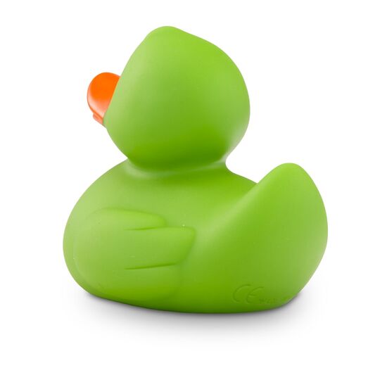 grüne Badeente Gregor im Mini-Format - mit orangenem Schnabel. Größe: ca. 6 cm, inklusive Quietschventil