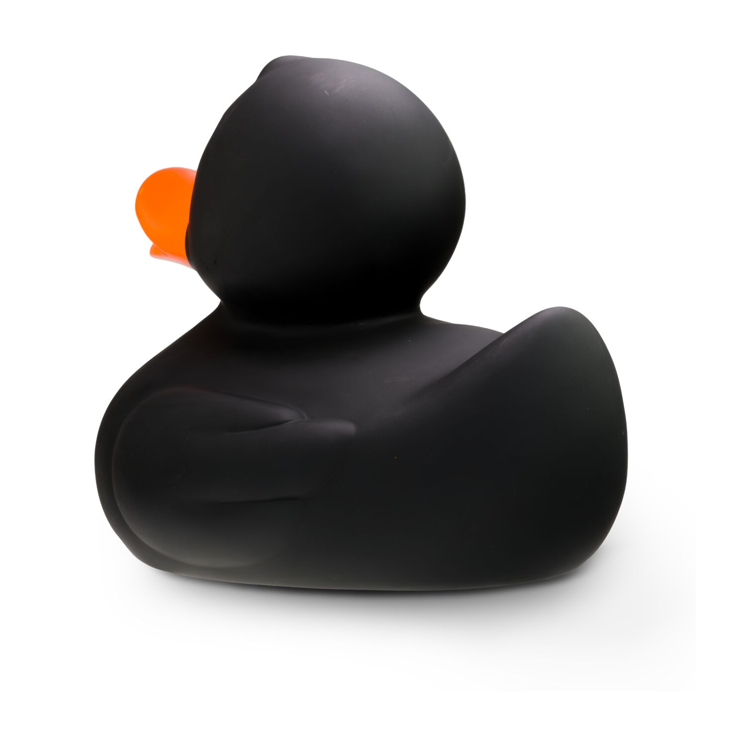 schwarze Badeente Blacky XXL im Großformat mit orangenem Schnabel. Größe: ca. 30 cm. Inklusive Quietschventil