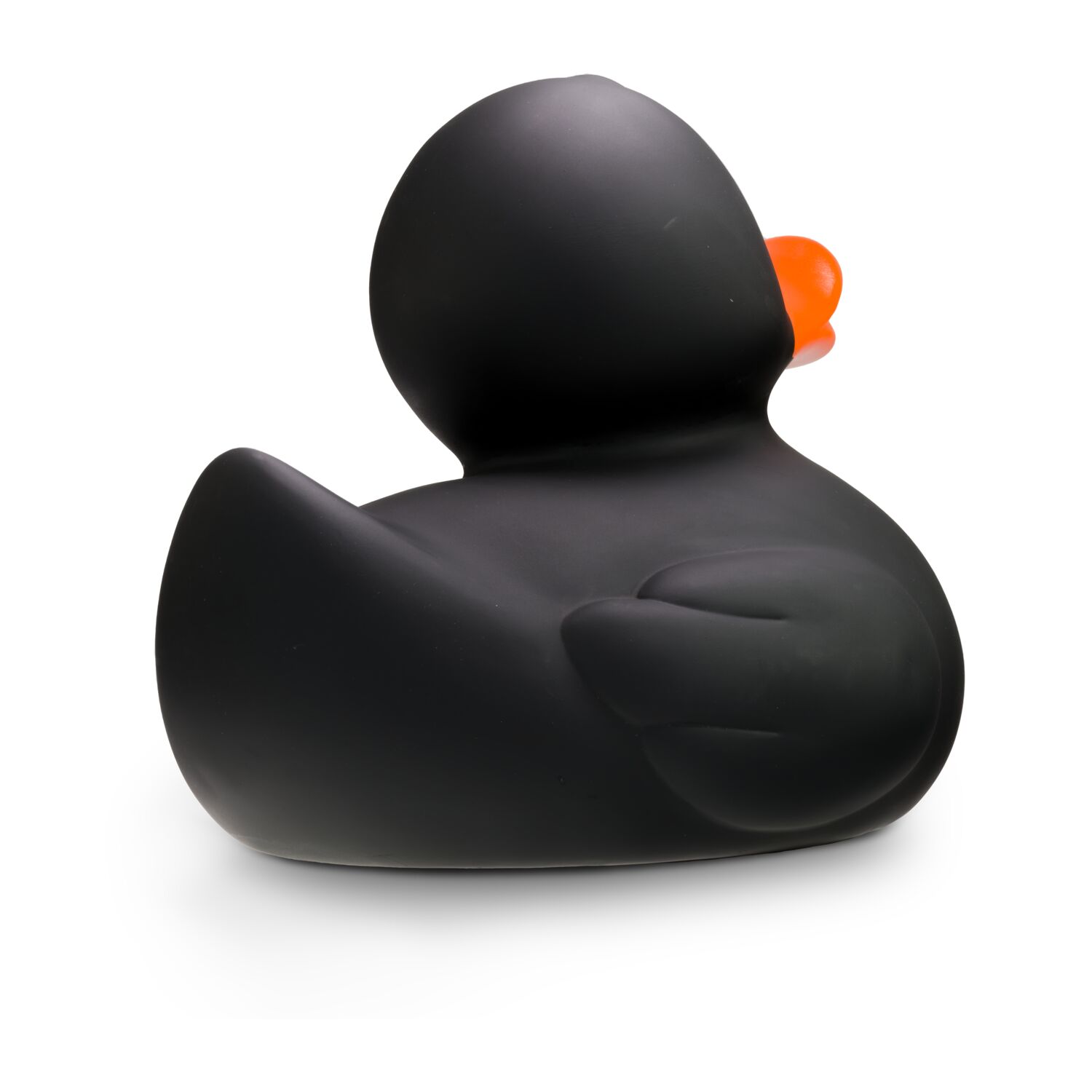schwarze Badeente Blacky XXL im Großformat mit orangenem Schnabel. Größe: ca. 30 cm. Inklusive Quietschventil
