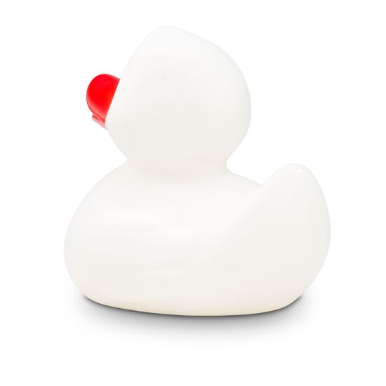 weiße Badeente Snow mit rotem Schnabel, Größe: ca. 8 cm. Inklusive Quietschventil