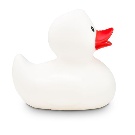 weiße Badeente Snow mit rotem Schnabel, Größe: ca. 8 cm. Inklusive Quietschventil