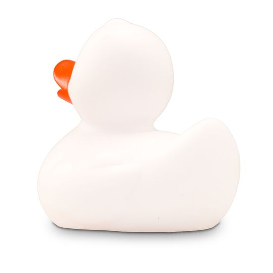 weiße Badeente Snow im Mini-Format mit rotem Schnabel, Größe: ca. 6 cm. Inklusive Quietschventil