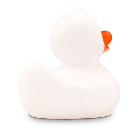 weiße Badeente Snow im Mini-Format mit rotem Schnabel, Größe: ca. 6 cm. Inklusive Quietschventil